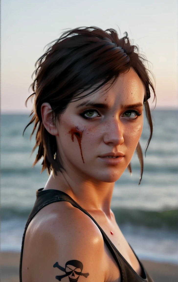 photo of ohxw, ellie, tattoo on left arm, woman, black jeans, close up, , short length hair, face details, low key lighting, blood on her face. Sexy face. As a Pirate.at the beach
