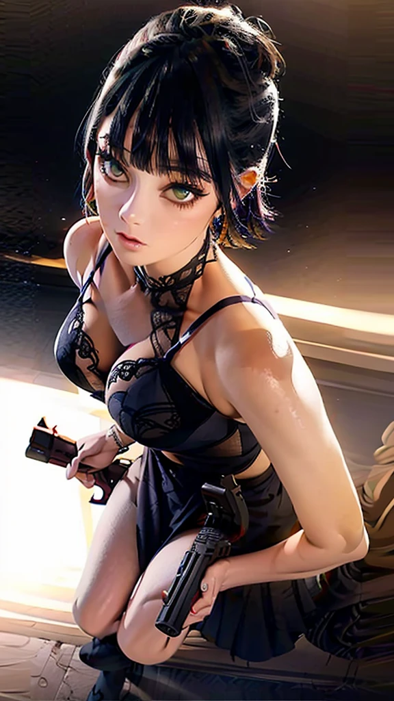 A beautiful pin-up girl, holding an assault rifle, in a high angle view, dynamic pose, detailed facial features,waist up, halfbody, from above, intricate makeup, bent over, seductive expression, wearing revealing lingerie, sensual pose, dramatic lighting, cinematic composition, vivid colors, photorealistic, hyper detailed, masterpiece