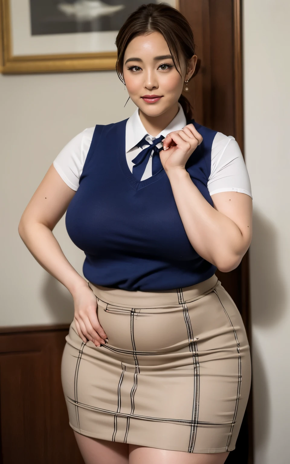 ((best quality, photorealistic, 8k, high res)), masterpiece, 1 girl, attractive service clerk, big breasts:0.5, mature lady, light brown hair, random hairstyle, perfect proportions, anatomy correct, plaid vest, pencil skirt, thighs are exposed, thick thigh, The background is a luxury inn、((bbw:1.5)),futanari