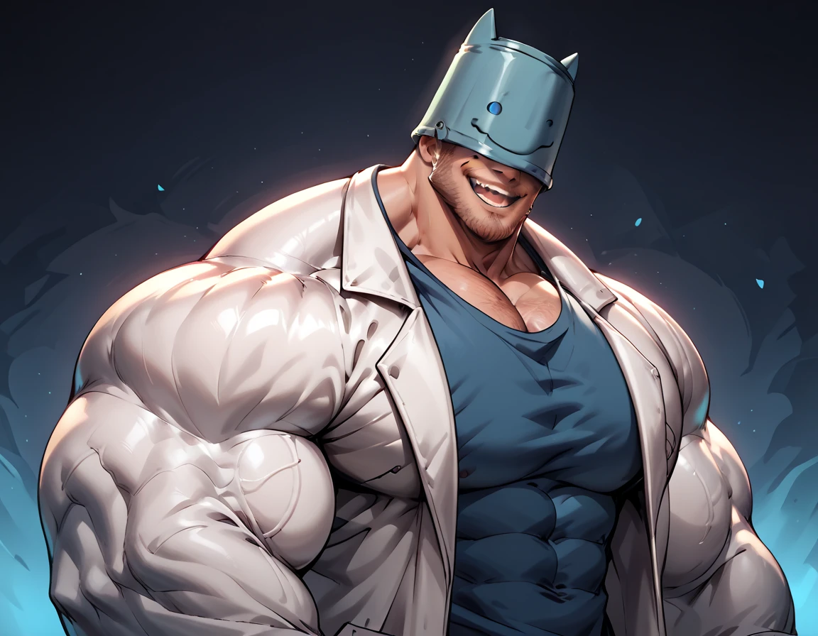  anatomically correct,  Max Image,( huge muscles, huge erect penis),zPDXL2,rating_safe,blue eyes,1boy,Alone,male focus,shirt,looking at viewer,object on head,smile,mismatched sclera,colored sclera,(black sclera:0.5),bucket on head,(hand on headwear:0.8),oversized clothes,open mouth,bucket,upper body,lab coat,(:0.5),Chibi