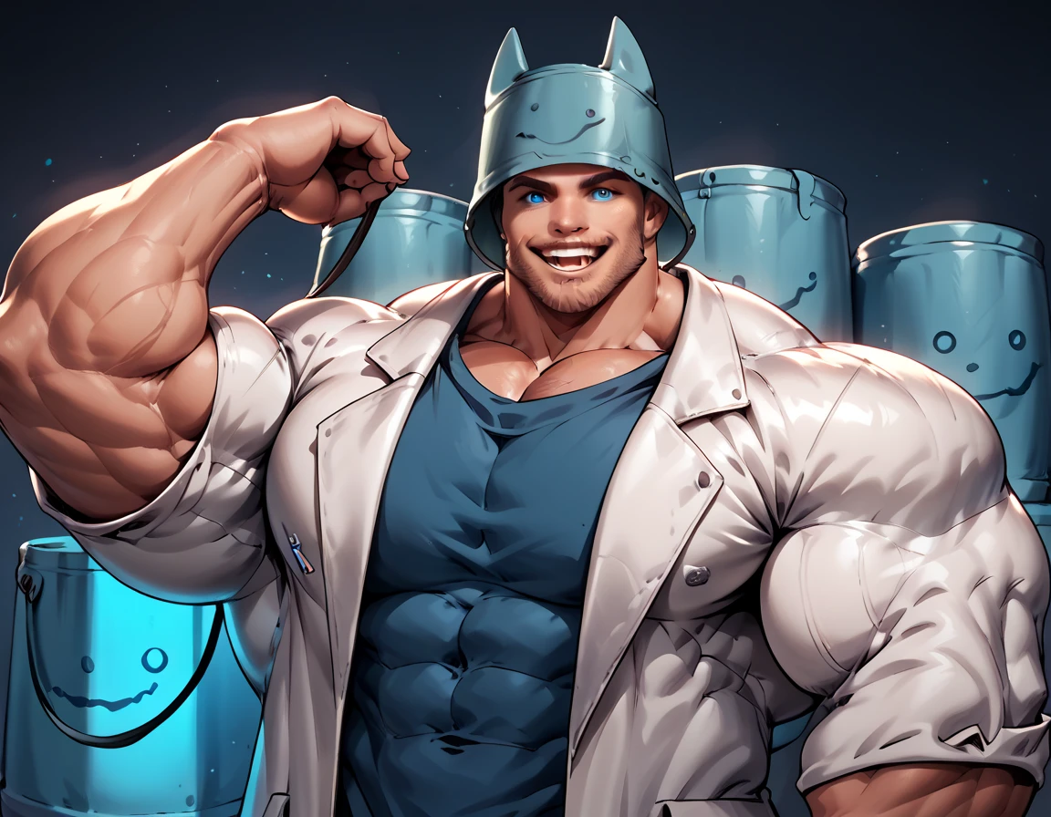  anatomically correct,  Max Image,( huge muscles, huge erect penis),zPDXL2,rating_safe,blue eyes,1boy,Alone,male focus,shirt,looking at viewer,object on head,smile,mismatched sclera,colored sclera,(black sclera:0.5),bucket on head,(hand on headwear:0.8),oversized clothes,open mouth,bucket,upper body,lab coat,(:0.5),Chibi