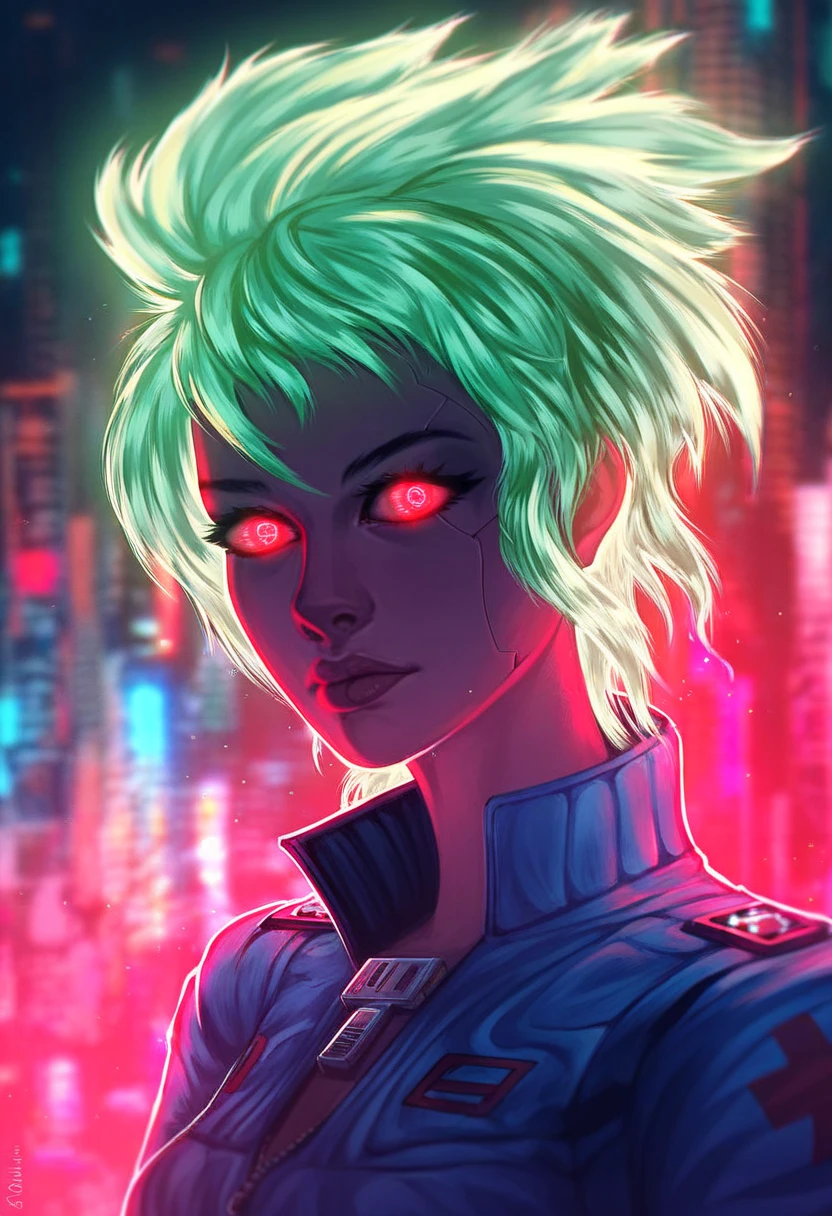 Cloudchaser,techwear,masterpiece, best quality, ultra-detailed, highly aesthetic, 1girl, Tanya from Youjo Senki,,blonde hair,beautiful eyes,close up, intense expression, techwear clothing, tactical jacket, neon accents, straps and zippers, fierce look, glowing eyes, close-up, vaping,holding vape, exhaling thick glowing smoke, nighttime cityscape, cyberpunk, neon lights, vibrant colors, neon pinks, blues, purples, wet city streets, futuristic signage, blurred background, volumetric lighting, moody atmosphere, Dutch angle, surreal glow, colorful lighting, edgy, rebellious, dystopian vibes, cinematic shadows, chaotic energy, masterpiece, amazing quality, colorful, backlighting, photorealistic