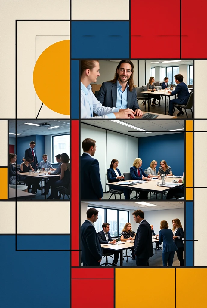 "Create an image of a vibrant workplace atmosphere with joyful employees collaborating on tasks against a backdrop of black and white. Capture the essence of motivation and teamwork, showcasing their enthusiasm and dedication to their work."