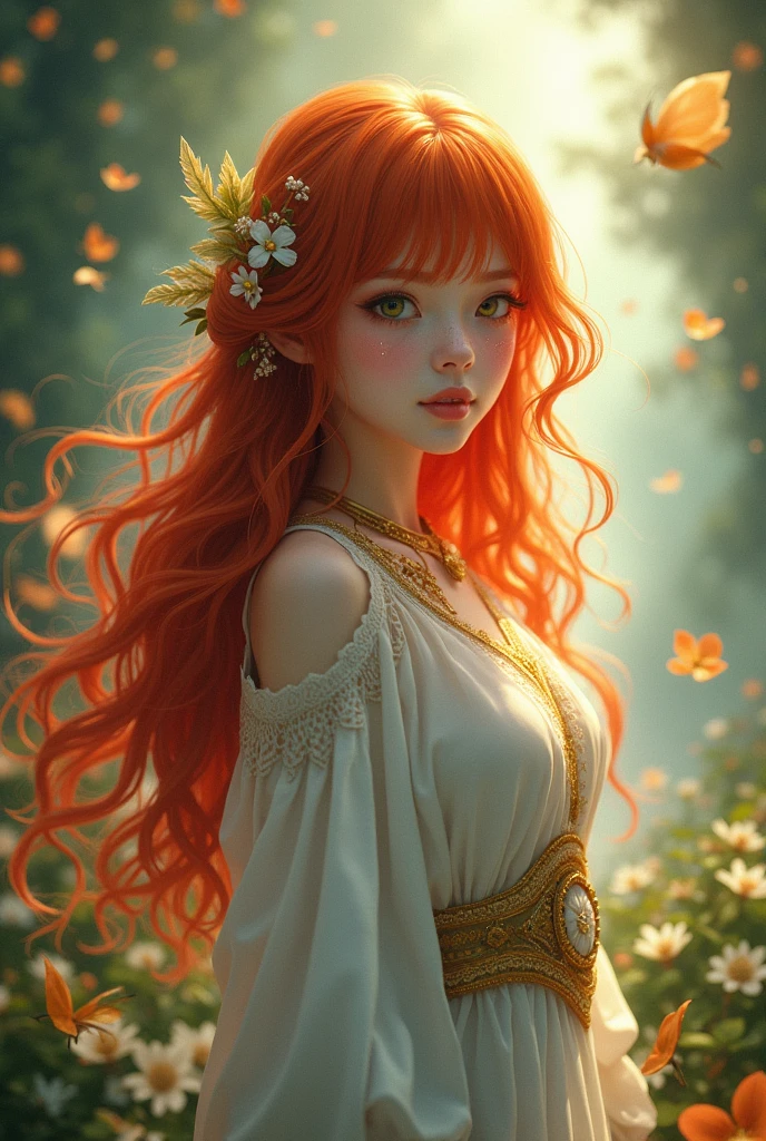 ((Best quality)), ((amazing art)), (detailed), (16k quality), ((anime style artgerm lau)), ((Wlop)), ((Sandro Botticelli)), ((background in high quality, detailing, fantasy)), a beautiful pretty girl with long red hair, green eyes, fair skin, wearing a white silk dress, forest background with glowing fireflies, dim dark linear harsh lighting, dim lighting.--v5