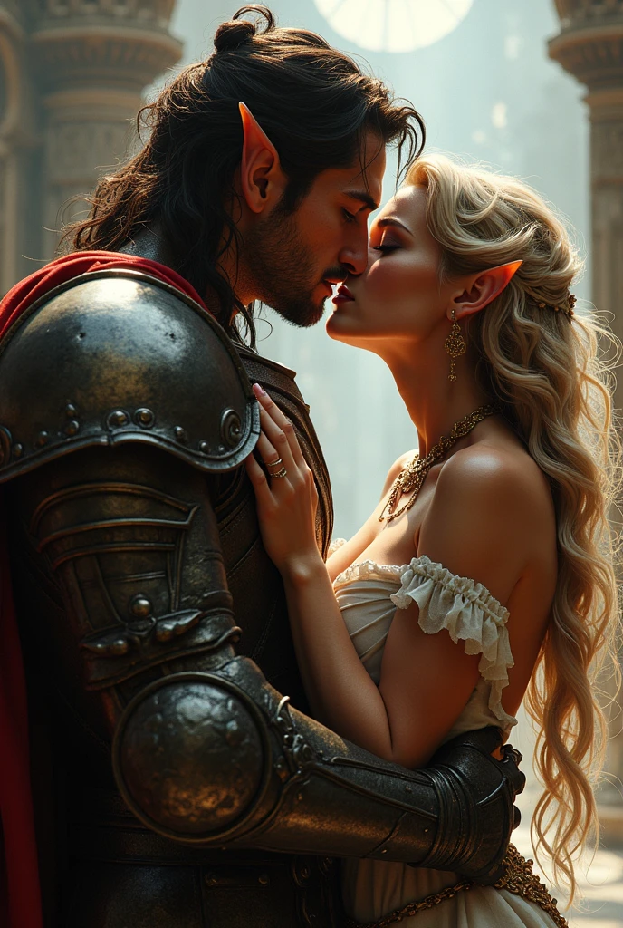 Couple standing, Henry Cavill, as a knight Templar, medieval fort in background, long hair, long sword in hand, and Jennifer Lawrence as a beautiful damsel behind him, large breasts, completely naked, a transparent cloth wrapped around her, on battlefield