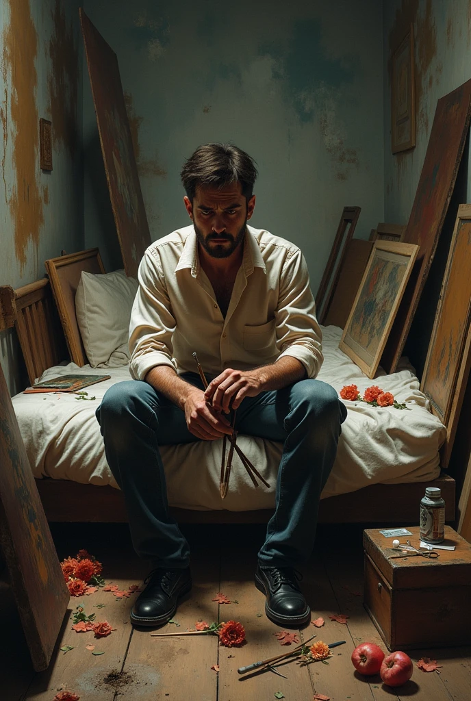 Man sitting on edge of bed, Portrait in hand, sad, melancholy, Sobbing, Remember, To the woman who is gone forever, To ease one's sorrows (A few bottles of alcohol), Drugs are visible everywhere, a room somewhat dark, dark, Sober, I want to die to be with her, The moonlight shines in faintly, Illuminate some spaces in the room, There are some withered flowers on the dressing table that he didn't deliver..