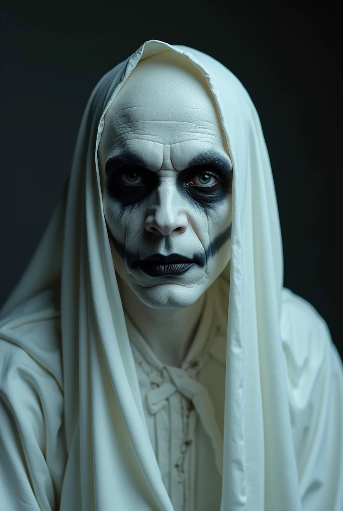 Pocong . Ghost.(( Scary face.))((White eyes)) Skeleton.  Movie mood horror. Bood on face. ((Realistic))