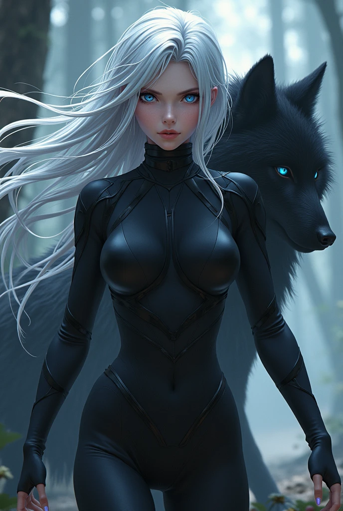 A beautiful woman with two white wolves, volumetric lighting, long white hair, skin tight white high-gloss body suit, a masterpiece, 8k resolution, dark fantasy concept art, dynamic lighting, hyperdetailed, intricately detailed, Splash screen art, trending on Artstation, deep color, Unreal Engine