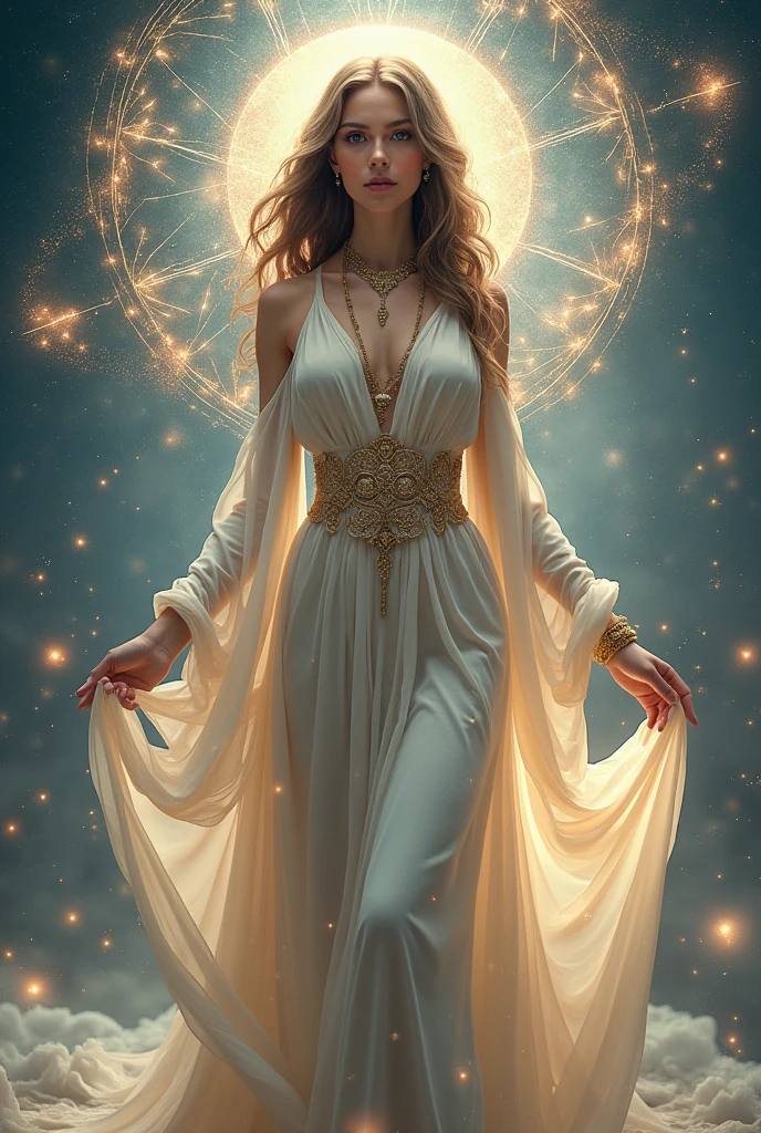 masterpiece, best quality, ultra detailed, realistic, Greek Mythology, fantasy, stunningly beautiful woman, legendary existence, gorgeous intricately detailed dress, full body shot, mythical world, golden ornaments, white cloak, meditation, symmetrical, divine halo, magic circle, solar eclipse, Nebula