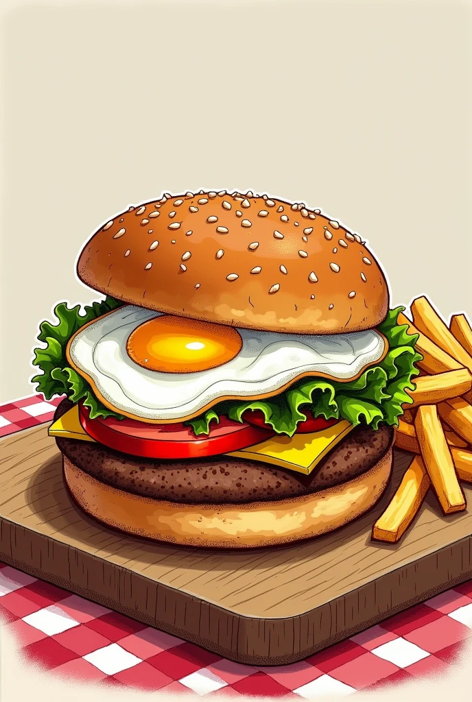 A hand-drawn illustration of a burger with lettuce, tomato, and a fried egg on top. The burger is placed on a wooden board. There is a cup of fries next to the burger. The background is a checkered tablecloth.