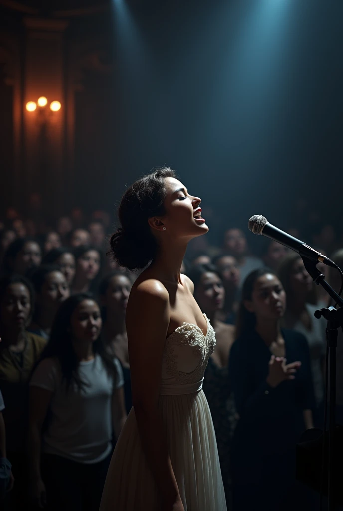 a classical and cartoonny look of theatre perfomance with choir