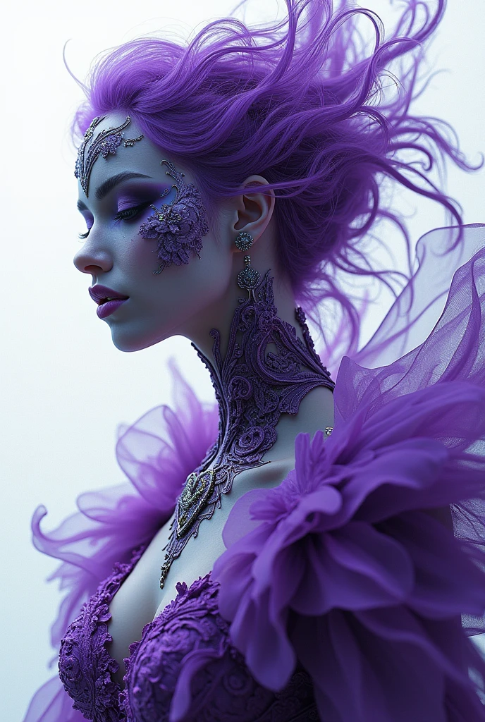 Hyper realistic and detailed Lilith, beautiful clear face, neon purple flowing hair, mystical, dark gothic, stunning, dreamy, ethereal, hypermaximalist, elegant, ornate, luxury, elite, ominous, cgsociety, style of james jean, Tom bagshaw, Roberto Ferri and Marco Mazzoni, hyper-realistic, matte painting, enhanced, neon dress made of flora, insanely detailed and intricate, carved white marble, Mandelbulb fractal, art nouveau architecture, Peter mohrbacher, complex cherry blossom, dreamy, cinematic lighting, Marc Simonetti, Patrick Turner, dark, action pose, violent, vengeful, multiverse, insanely detailed and intricate, golden ratio, sharp focus, DOF, futurism, global illumination, desaturated colours, white solid background 