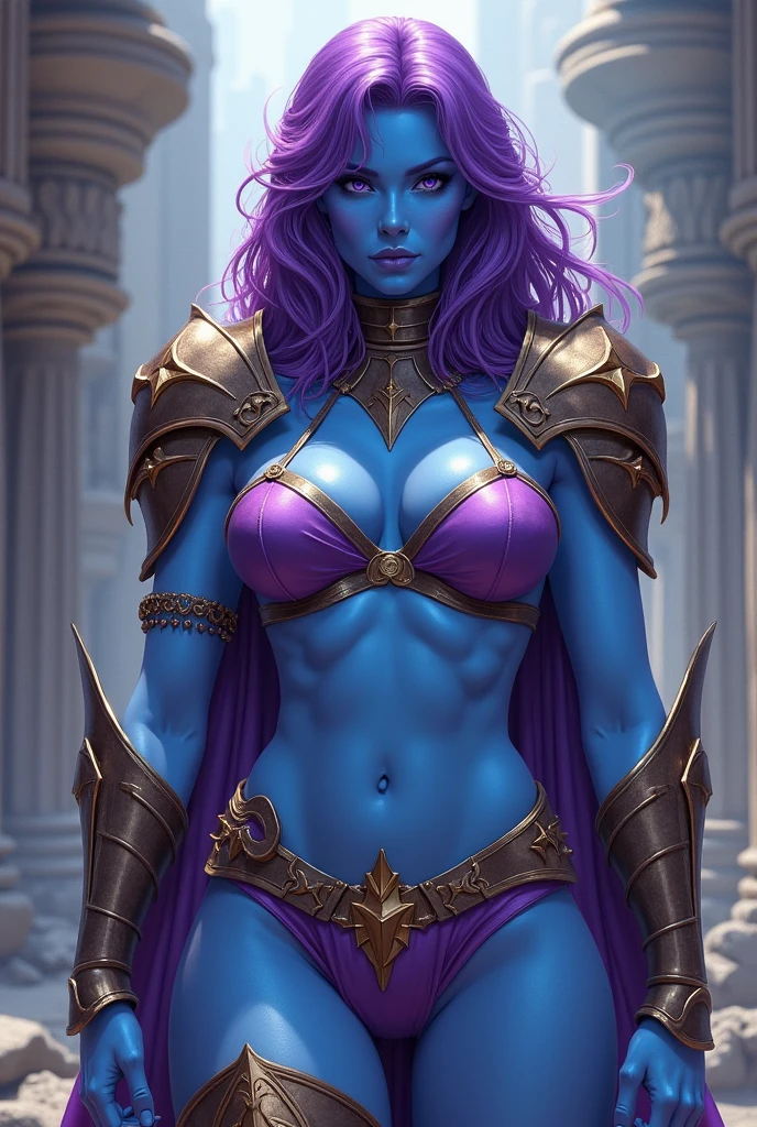 masters of the universe. a blue skinned female warrior, She has dark purple colored hair and wears purple accented in gold,. She stands firmly on the ground a wide stance, her weapon is drawn back ready to swing. Eternia background. colorful, vibrant. dynamic exaggerated poses. . (detailed face, detailed eyes) (best quality,4k,8k,highres,masterpiece:1.2) 
