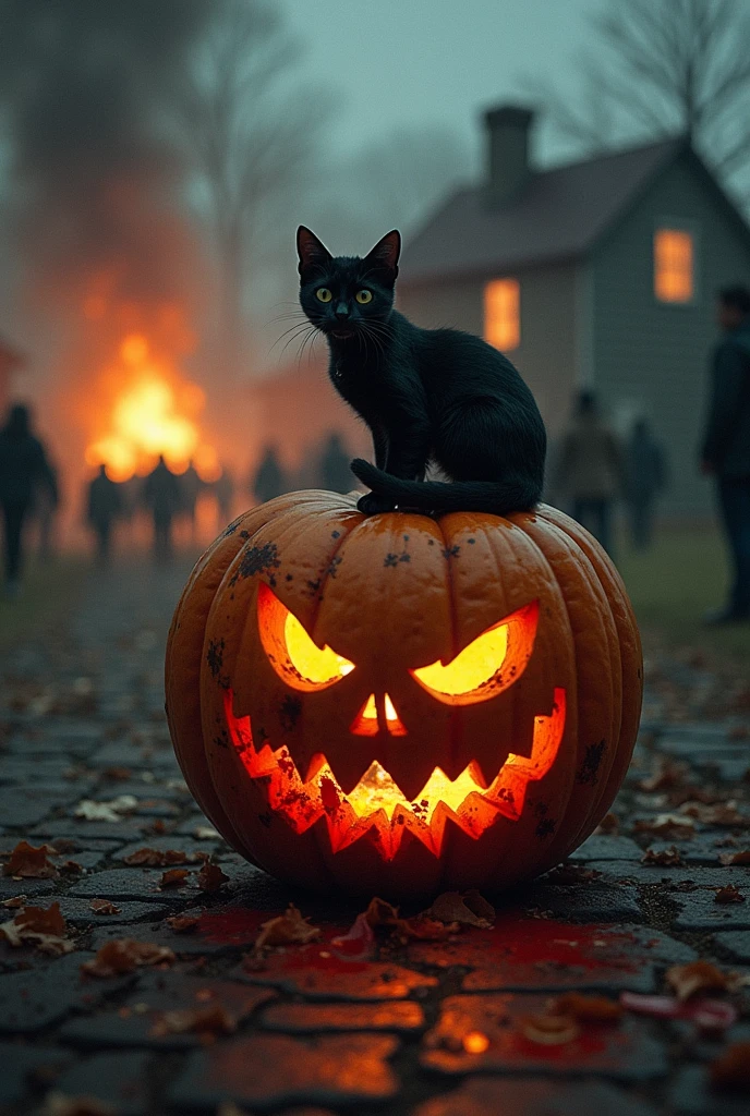 A scary Halloween pumpkin is stained with blood and next to it is a small black cat with a house on fire and people leave the house terrified