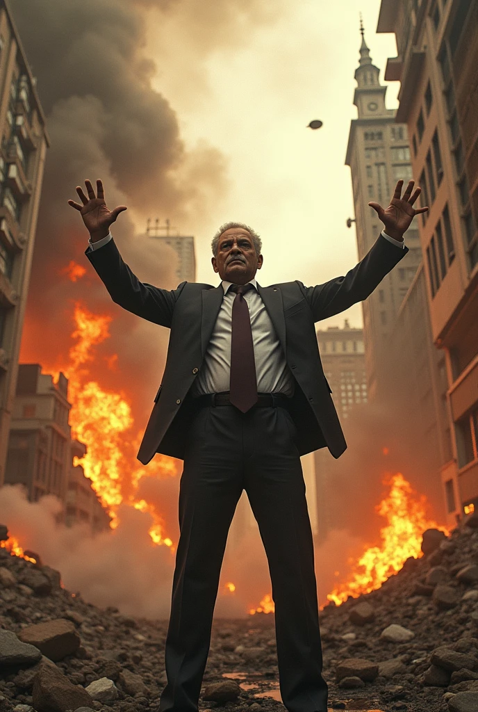 A man who got his hand open in a skycraper and an amazed face while many nuke bomb falling from the sky