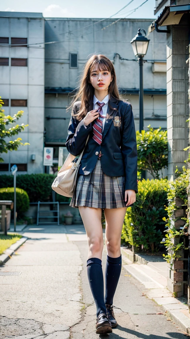 a beautiful 18 year old Japanese high school girl with perfect anatomy, healthy thighs, beautiful legs, beautiful skin, random hair color and style, large breasts, (wearing a Japanese schoolgirl uniform:1.3), holding a student bag, full body shot, standing on a city street, (best quality,4k,8k,highres,masterpiece:1.3),(extremely detailed:1.2),photorealistic,ultra-detailed,vivid colors, studio lighting, professional