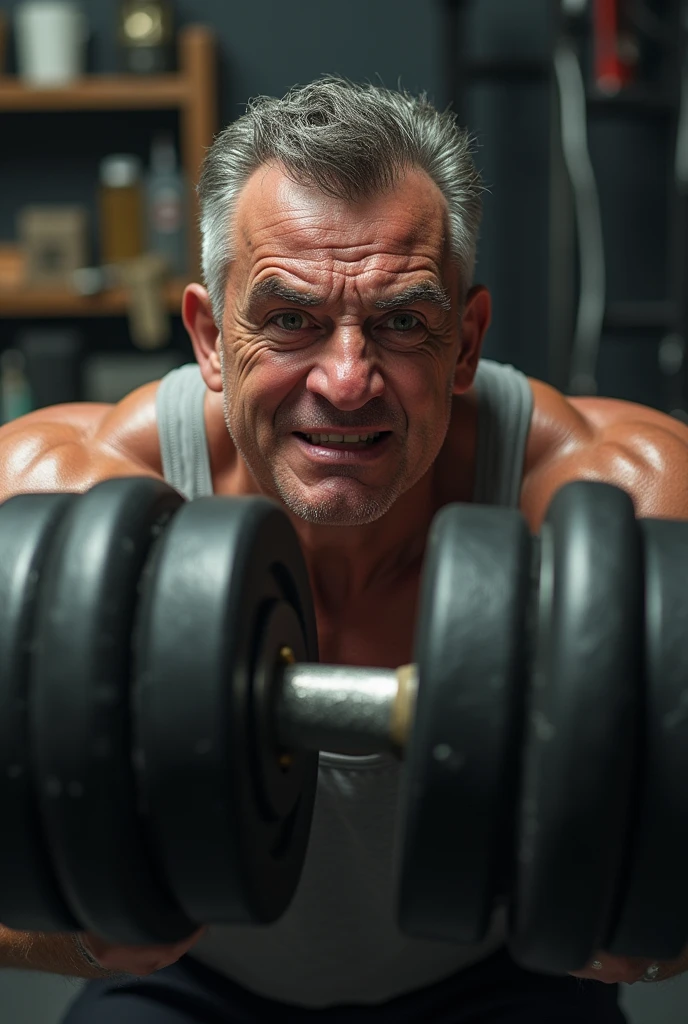 Shirtless, fit, 40-year-old hairy man forced to do push-ups until exhaustion with a clothed person sitting on his back, You can see the tiredness on his face, sweat in drops falling from his forehead and nose, showing the teeth pressed by the effort and should be shown in a position halfway up