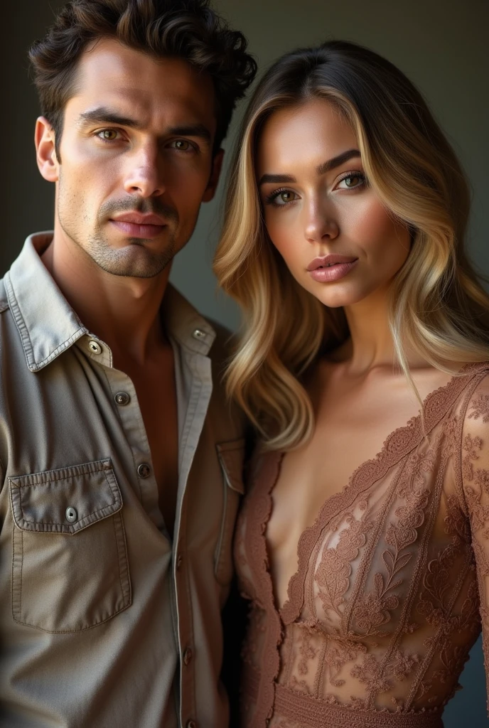 2 Person Date Quad in Desert Sunset. Lovely couple. slim blonde woman wearing summer mini dress with rhinestones and lace. The man is wearing a shirt . He has brown hair. Both look forward into camera photorealistic details. Looking at camera close-up