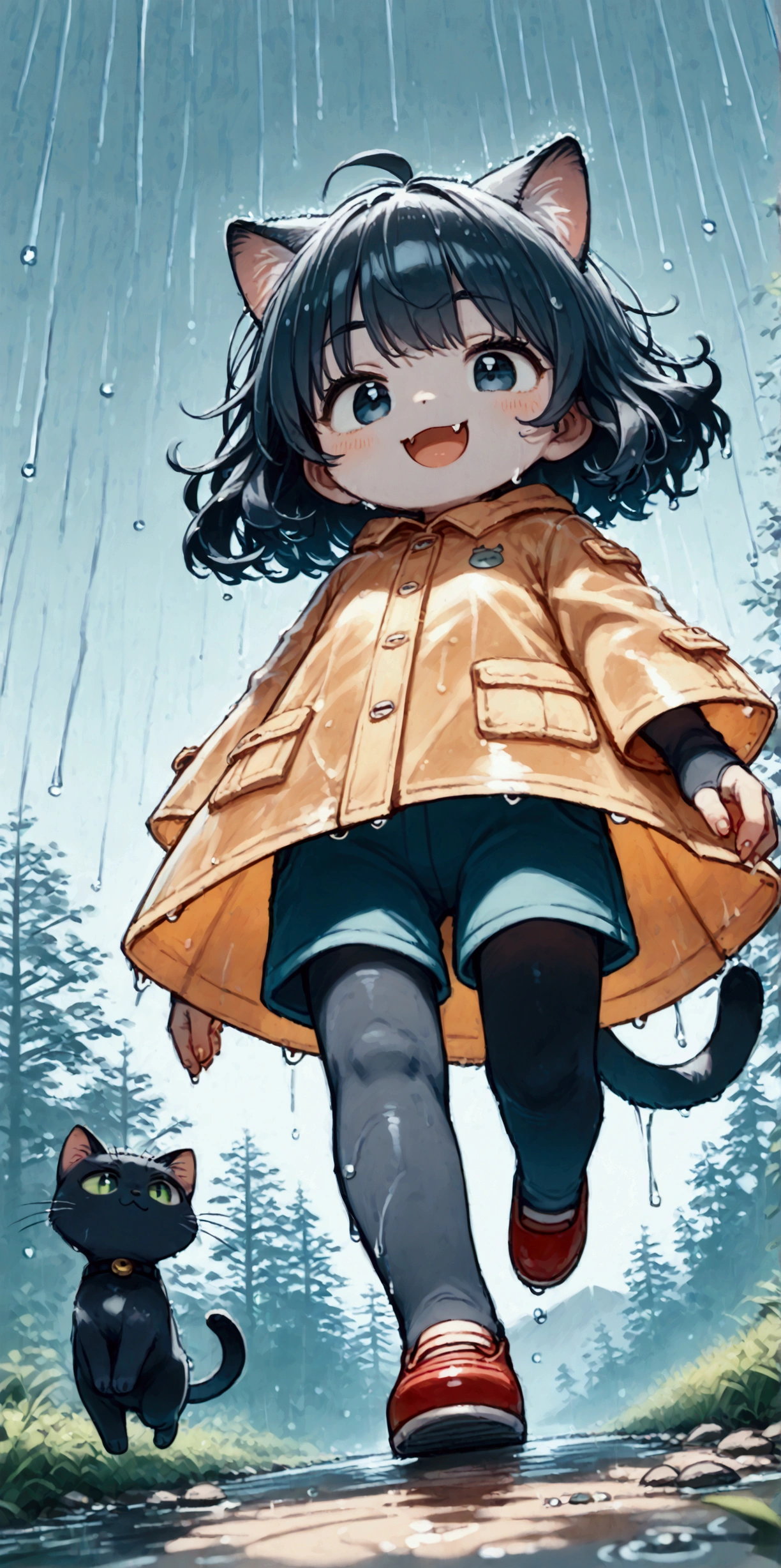 
heavy storm,wind,(heavy rain:1.5), (big raindrops:1.5), (rainy sky:1.5),(many rain ripples:1.3). 1girl/((catgirl:1.3),(furry:1.2),kemono,(chibi:1.2),cat ear,cat eye,cute, kawaii,hair floating, hair shining brightly, curly hair, short hair, messy hair, eye color cosmic, big eyes, (dynamic angle:1.4),(from below:1.4), long shot,short pants,(Walking:1.5) dynamically, (steps:1.3), skipping, (walk heavy steps:1.4),(big smile:1.3),open mouth,fangs,wet hair, wet, cute raincoat,happy,dynamic,in distance,full body,floating\) .background\(heavy rain, dark sky, beautiful waterdrops, long shot\),(from below:1.7),(ground level shot:1.7),(from directly below:1.7). score_9, score_8_up, score_7_up, score_6_up, score_5_up, score_4_up, source_anime,source_furry,rating_safe,rating_questionable,masterpiece, best quality, perfect anatomy , very aesthetic , absurdres,,realistic rain, high speed shutter, (fisheye lens), (focus on waterdrops), (landscape of sky:1.5), (dynamic angle:1.3),(long shot),(wide shot)