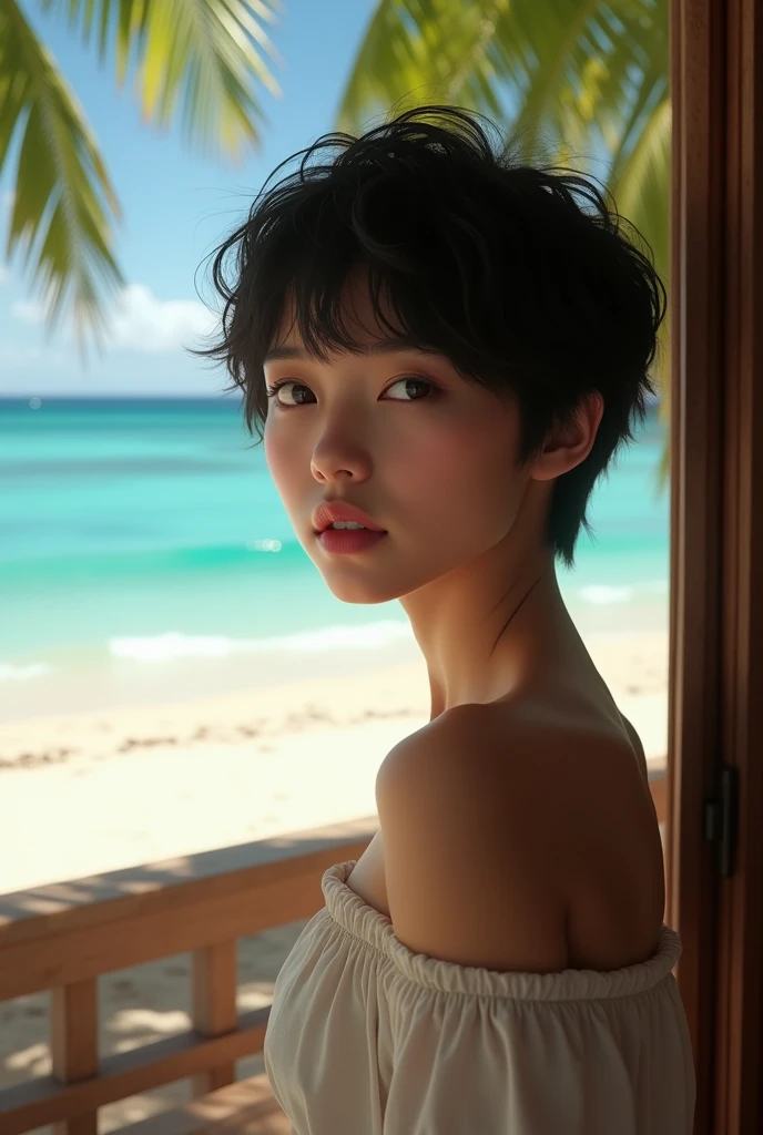 1 girl, Japan person, photorealistic, beautiful and detailed face, viewer, simple background, solo, sea, micro bikini, small breasts, micro bikini. sunny, summer vacation, beach, (short hair, wet), smile, movie lighting, movie, Japan drama, (necklace), earrings