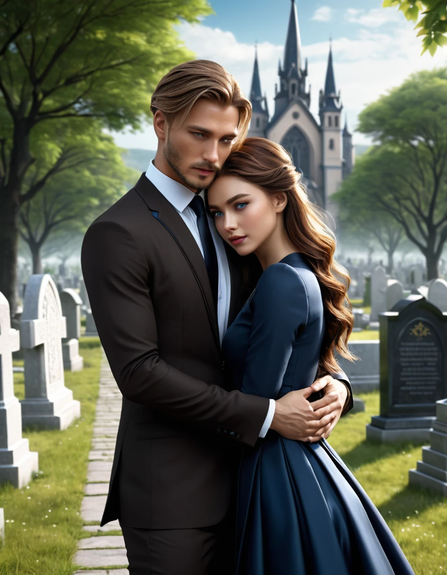 (3D girl with blue eyes, brown long hair, in a black modern fashionable long beautiful dress for a funeral, bending over a grave, crying, tears running down her cheeks,))) hugging ((Korean man with brown eyes, brown short hair)), in a black formal suit and a black silk shirt,  in the foreground is a large castle with a cemetery,  ecological gothic scene ,  3D rendering and oil painting , photorealistic dark concept art ,  highly realistic concept art,  3d matte painting rendering , gothic church background ,  highly detailed matte painting ,  cathedral background ,  game art matte painting ,  oil painting in high detail, hyperdetailed 3D matt painting , computer game scene ,wlop and andrei riabovitchev , charlie bowater и artgeem,  Edmund Blair and Charlie Bowter  , seductive cyberpunk dark fantasy,  High resolution commission , style of charlie bowater, Чарли Боуотер и Том Бэгшоу  realistic image , masterpiece,  artwork,  hyperrealistic , rendering ,  realistic physical rendering , hyper  realistic illustration,  realistic illustration, photorealistic detail  , hypper  realistic illustration, extreme realistic detail, photorealistic detail  ed picture, with unreal engine render concept art , ), Ultra-подробно and beautiful face,(  Gentle facial expression  :1.1), translucent white skin ,( realistic skin texture:1.1), , Bold design  , art design  ,красивый and подробно pattern,  detailed fabric texture , ((1 man, 1 girl)) ( romantic sensual scene for a novel  :1.1) ((подробно backgroun профессиональная величественная масляная  realistic image , masterpiece,  artwork,  hyperrealistic , rendering ,  realistic physical rendering ,  photorealistic rendering ,  highly detailed ,  high-quality render ,  architectural rendering ,  very realistic 3D render ,  realistic image ,