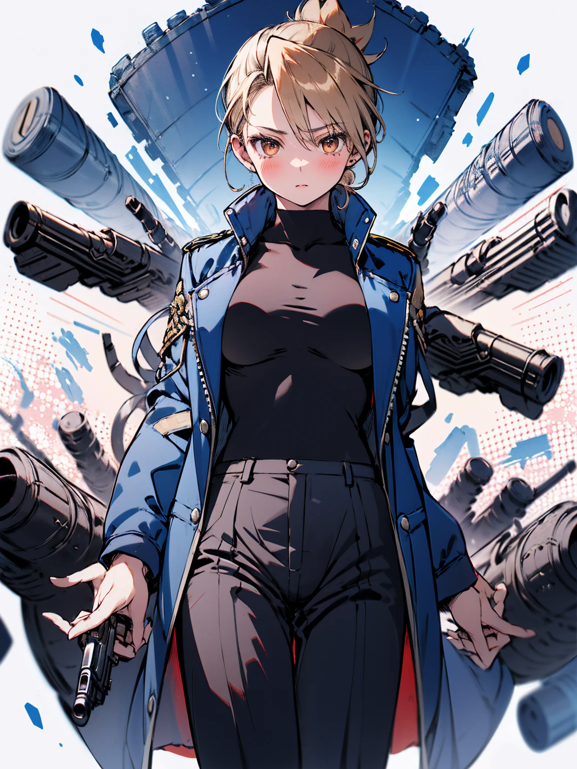 masterpiece, Highest quality, High resolution, One girl, (Blue jacketの下にBlack innerwearを着ている), Folded ponytail, Brown eyes, , uniform, Blue jacket, Blue pants, ,Big Breasts, Black innerwear, (屈んでReady your gun?:1.5), blush, (Ready your gun?)
