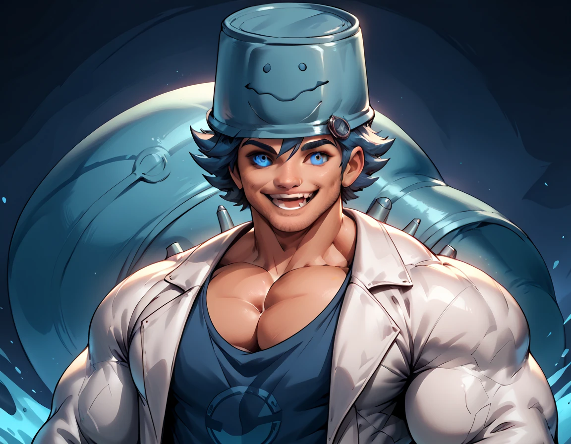  anatomically correct,  Max Image,( huge muscles, huge erect penis),zPDXL2,rating_safe,blue eyes,1boy,Alone,male focus,shirt,looking at viewer,object on head,smile,mismatched sclera,colored sclera,(black sclera:0.5),bucket on head,(hand on headwear:0.8),oversized clothes,open mouth,bucket,upper body,lab coat,(:0.5),Chibi