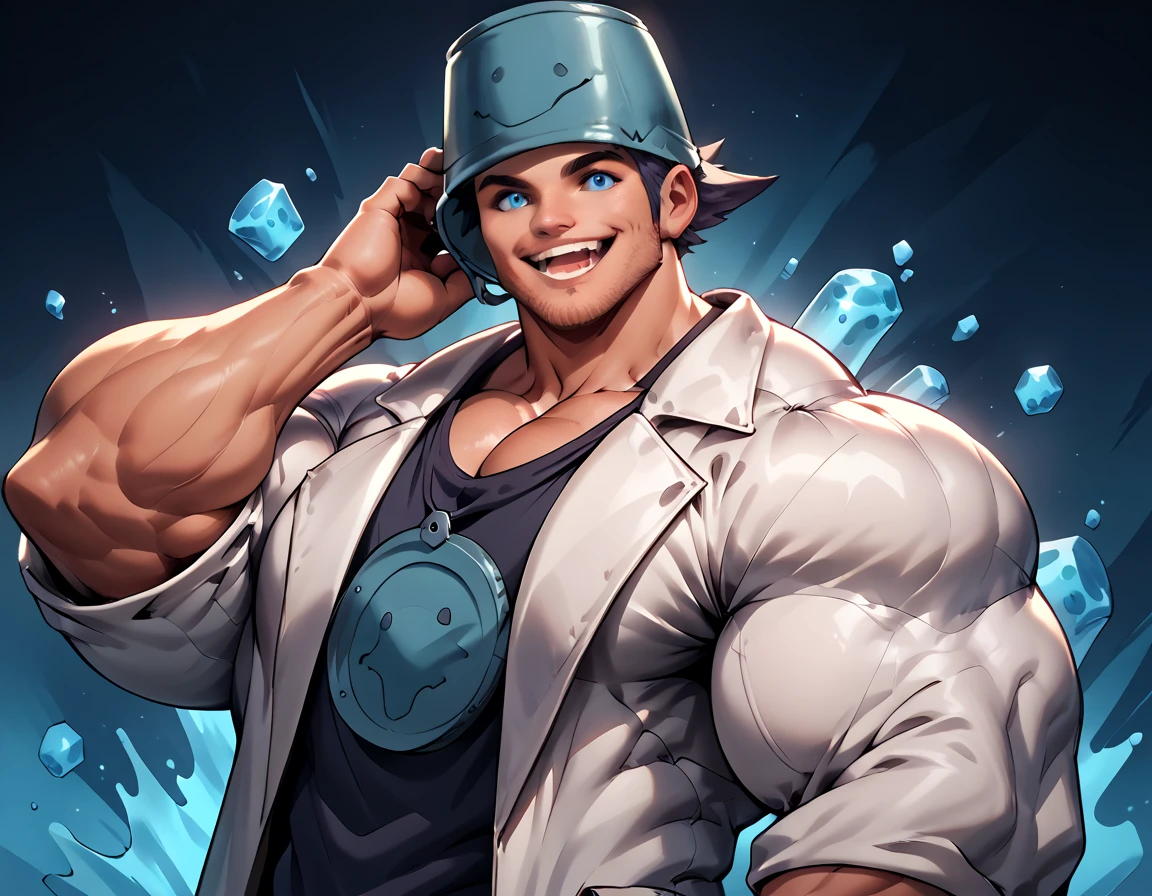  anatomically correct,  Max Image,( huge muscles, huge erect penis),zPDXL2,rating_safe,blue eyes,1boy,Alone,male focus,shirt,looking at viewer,object on head,smile,mismatched sclera,colored sclera,(black sclera:0.5),bucket on head,(hand on headwear:0.8),oversized clothes,open mouth,bucket,upper body,lab coat,(:0.5),Chibi