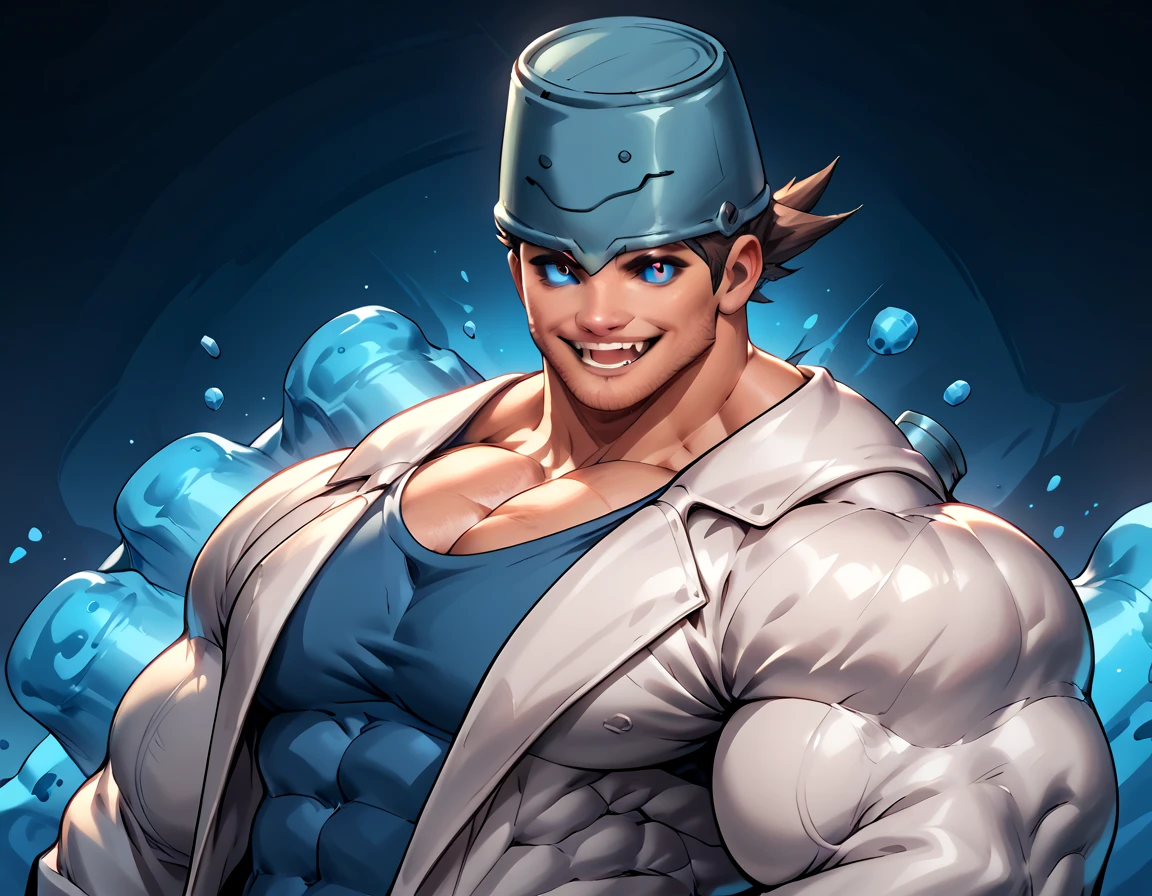  anatomically correct,  Max Image,( huge muscles, huge erect penis),zPDXL2,rating_safe,blue eyes,1boy,Alone,male focus,shirt,looking at viewer,object on head,smile,mismatched sclera,colored sclera,(black sclera:0.5),bucket on head,(hand on headwear:0.8),oversized clothes,open mouth,bucket,upper body,lab coat,(:0.5),Chibi