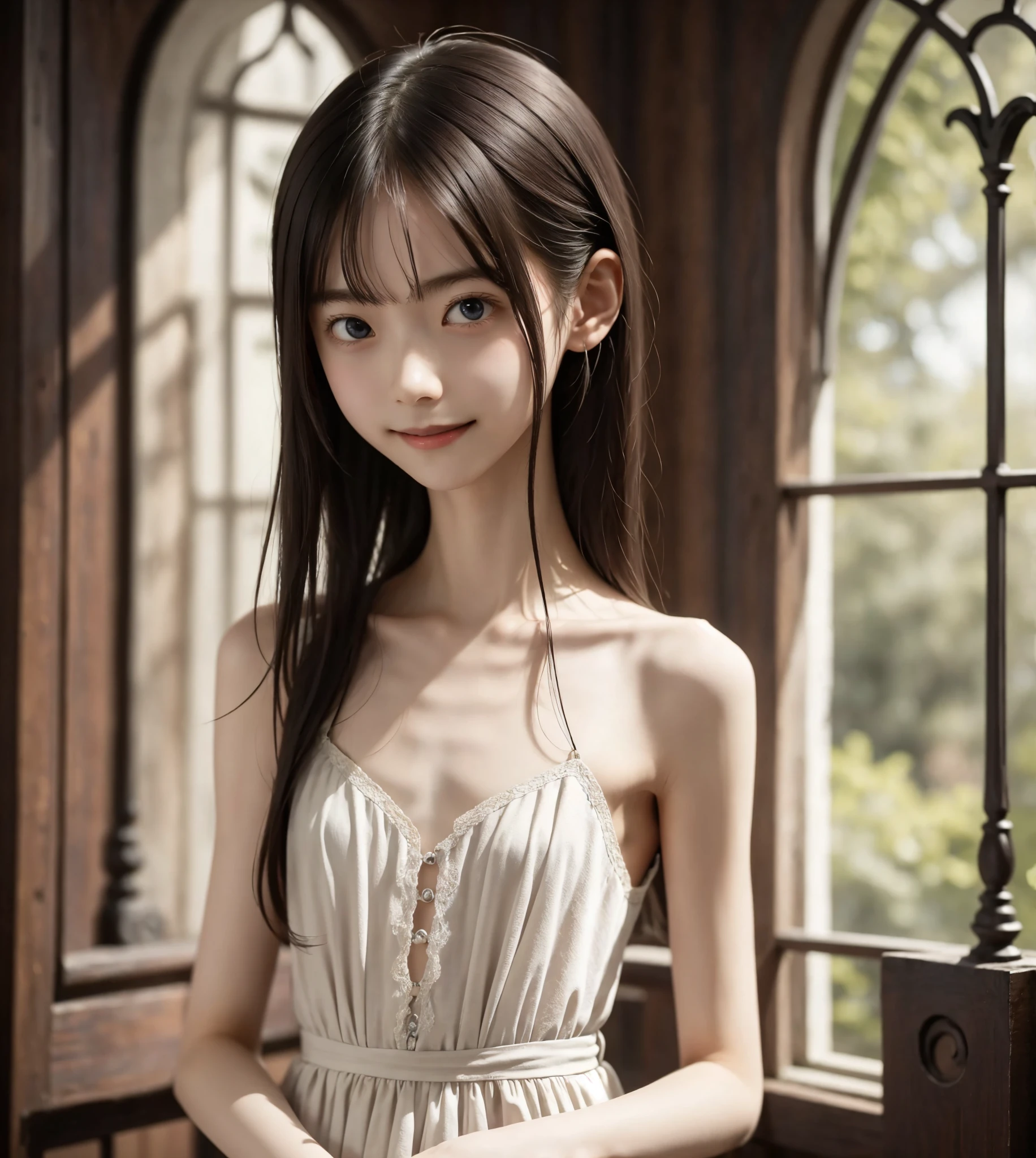 Thin arms,Narrow shoulders,delicate, very skinny ,公式art,  Unity 8k Wallpaper,  super detailed, beautiful, beautiful, masterpiece,  best quality, Darkness,  vibe, mystery, Romanticism, Creepy, literature, art, fashion,  victorian , race,  supernatural ,smile, white skin