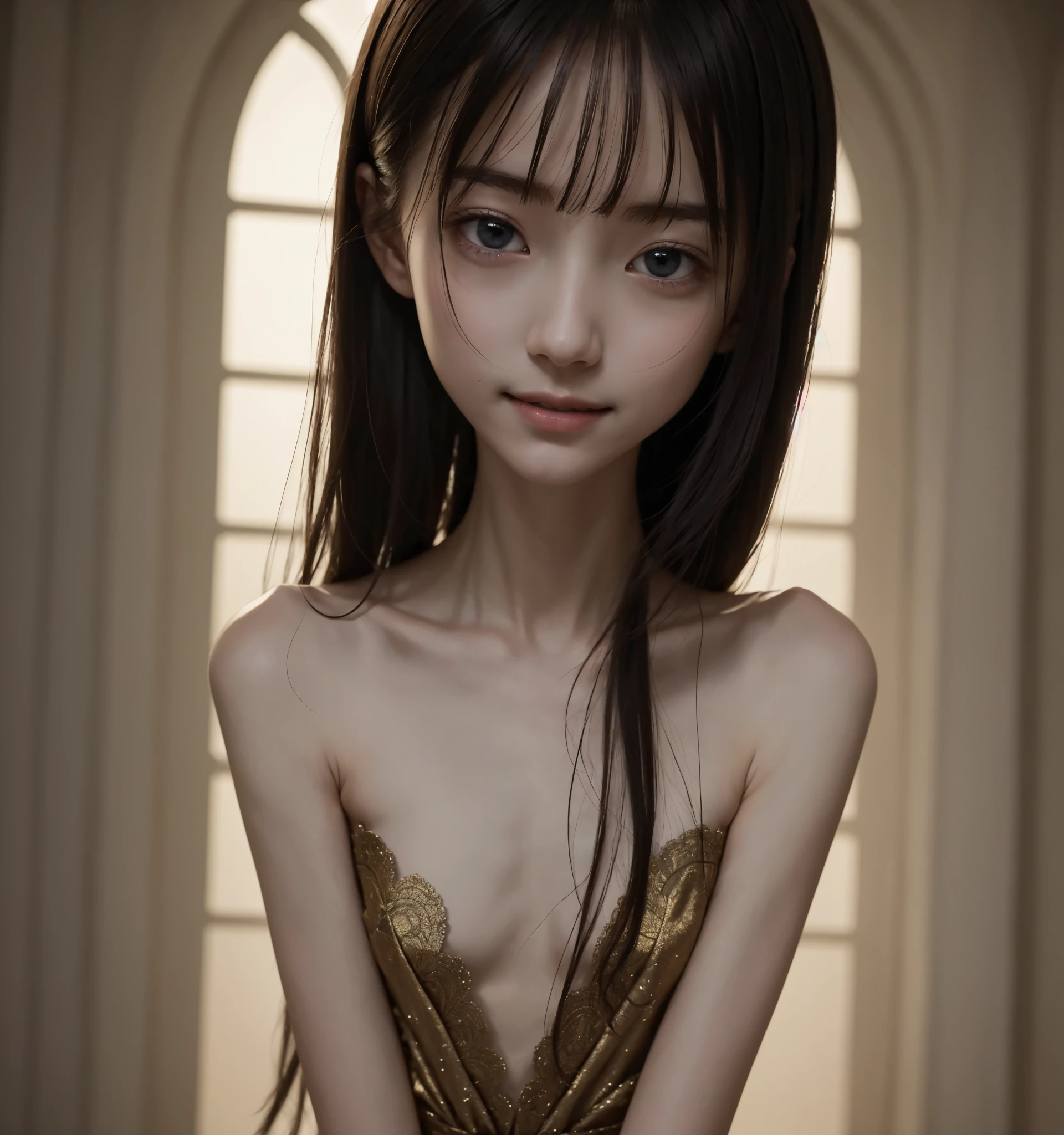 Thin arms,Narrow shoulders,delicate, very skinny ,公式art,  Unity 8k Wallpaper,  super detailed, beautiful, beautiful, masterpiece,  best quality, Darkness,  vibe, mystery, Romanticism, Creepy, literature, art, fashion,  victorian , race,  supernatural ,smile, white skin