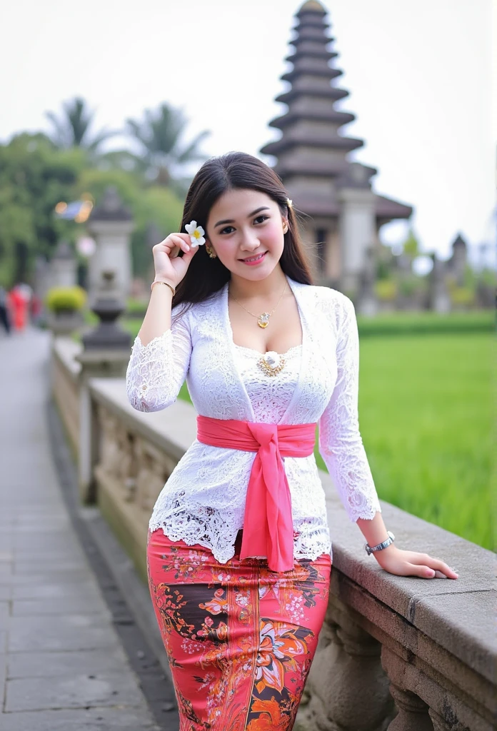 (masterpiece, best quality:1.2), (((hijab girl))), ((wearing hijab)), (medium breast, cleavage cutout), Alone, flower, kebaya_Bali, white_kebaya_bali, stands on bridge, smiling, Bali temple background, beach, side view, buttocks
