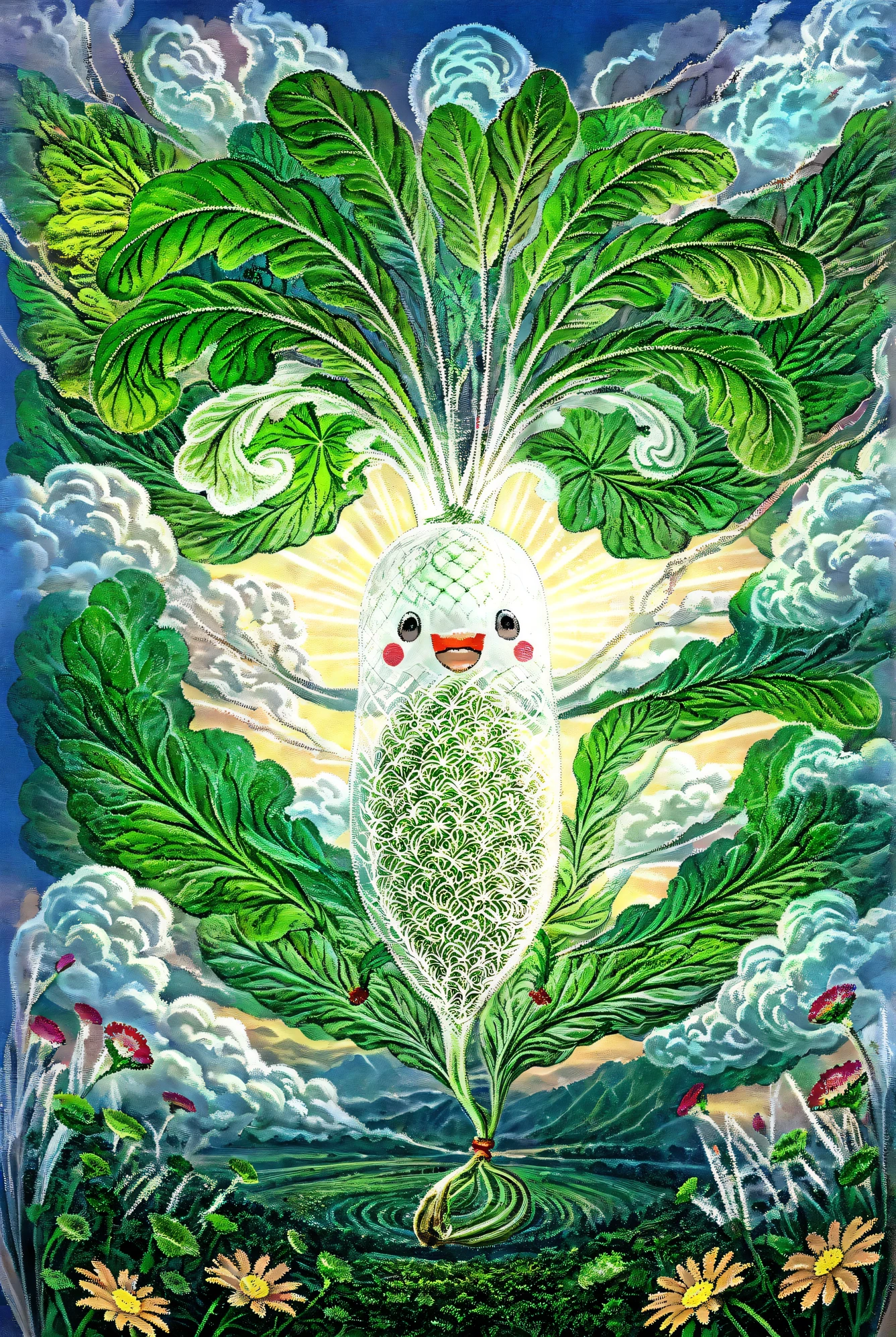 intricate detailed,. 
Illustration of Japanese white radish, digital art, long radish, happily spinning leaves in the air, helicopter wings made of leaves, leaves spinning to gain buoyancy, swirling clouds, sun, tranquil landscape below, flower field.