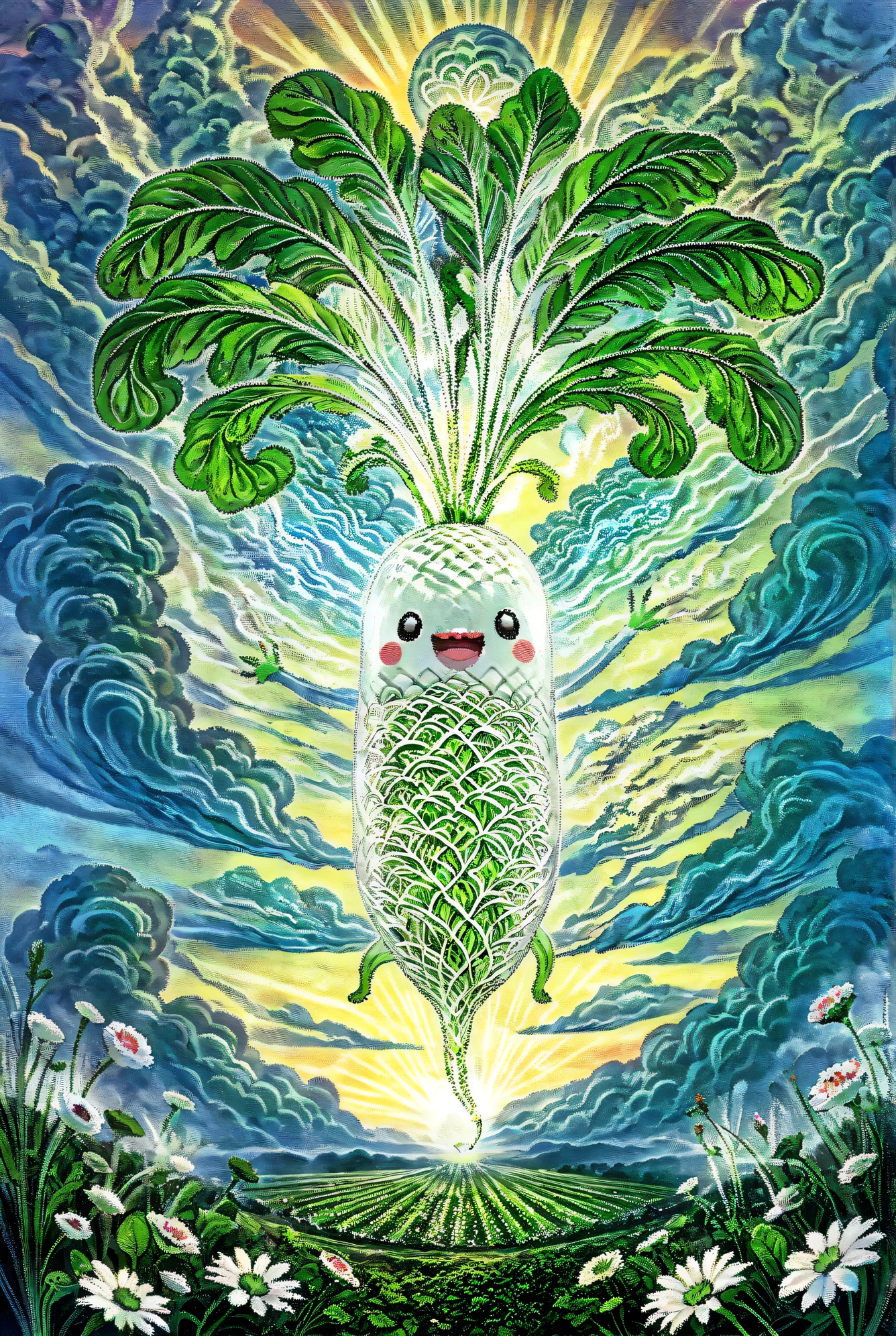 intricate detailed,. 
Illustration of Japanese white radish, digital art, long radish, happily spinning leaves in the air, helicopter wings made of leaves, leaves spinning to gain buoyancy, swirling clouds, sun, tranquil landscape below, flower field.