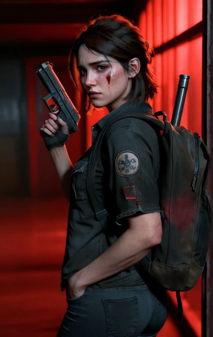 photo of ohxw, ellie, tattoo on left arm, woman, black jeans, close up, , medium length hair, face details, low key lighting, blood on her face. Sexy face. In a dark closed building with red light. A backpack on her back. A pistol in her hand. With a gas mask.
