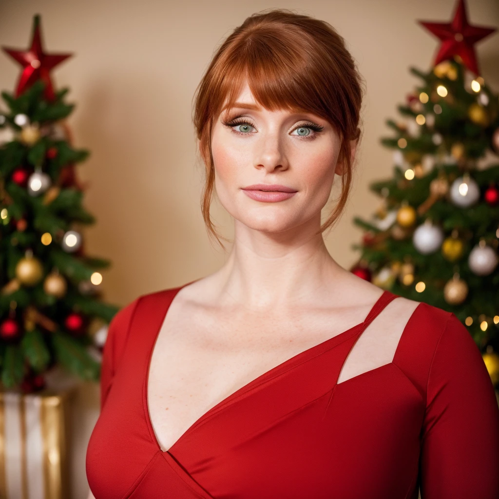 Bryce Dallas Howard, Bryce Dallas Howard American actress, (Elegant woman), (green eyes), Forty years, Model woman, (in the photoshoot Christmas Room), (hot pose), (Christmas Tree in scene), (Beautiful short straight hair with bangs), (Feminine woman), (only short Reddish hair straight), (bigger body), Beautiful face, perfect body, realistic hair, realistic face, Realistic Scenery, Realistic body, hot face, gorgeous face, (Illuminated Christmas in cinematic movie scene), (Natural environment in the background), (using a red Christmas dress), (hot face), (Beautiful straight hair), (Detailed short hair), (Realistic eyes), (portrait), (portrait face), (in cinematic photography), (Bryce Dallas Howard face), (Realistic face), (Realistic eyes), (Elegant natural selfie), (Beautiful face), (hot face), (portrait face), (selfie cinematic film), (pose rich woman), (Elegant hair), (Sexy face), (Looking at the camera), (Face facing the camera), (Looking up camera), (face), romantic movie scene, gorgeous selfie close bust, (Natural selfie photo)