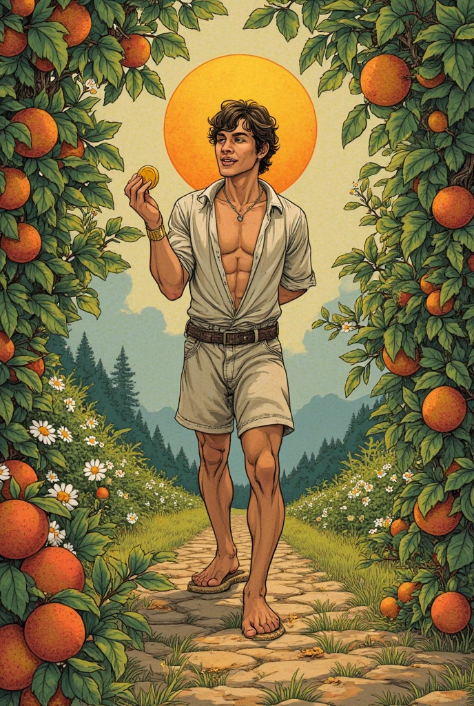 Tarot Ace de Oros , Realism style+until_Japanese+ink+Drawing_Japanese, cuerpo entero, fullbody,  cinematic,  detailed intricate ,  very defined figures ,  very handsome young man gorgous ,  symmetric body slim fitness ,   friendly charismatic facial expression ,  he is standing holding a coin large gold coin ,  in the background an orchard full of fruits and flowers the sun 