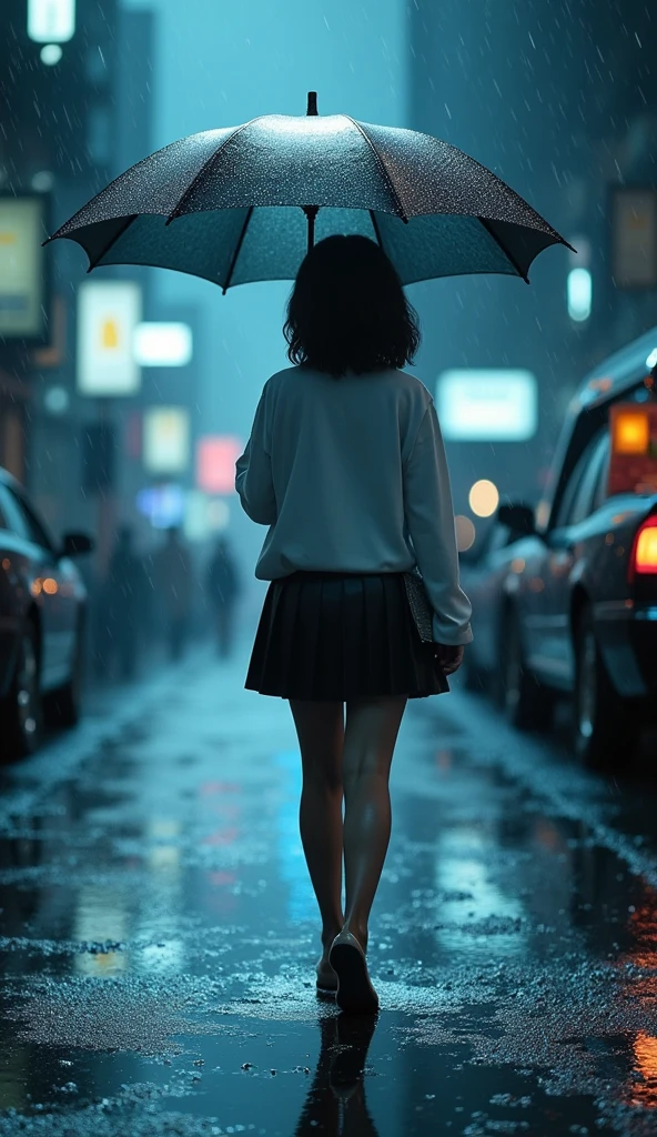 photorealistic girl holding an umbrella walking in the storm and heavy rain, white long sleeve shirt and uplift mini skirt, short black hair, dramatic lights, mist and dripping water