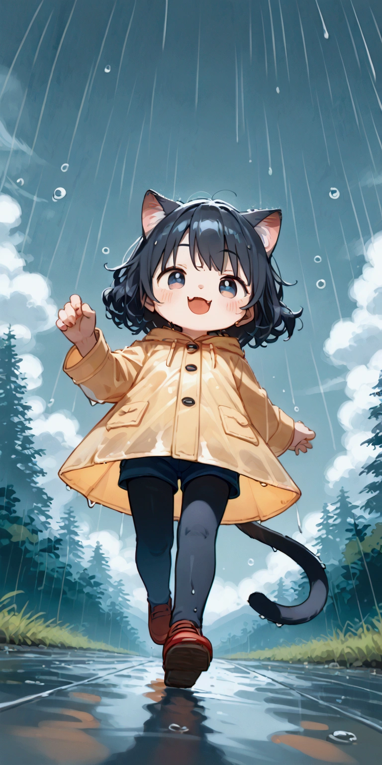 
heavy storm,wind,(heavy rain:1.5), (big raindrops:1.5), (rainy sky:1.5),(many rain ripples:1.3). 1girl/((catgirl:1.3),(furry:1.2),kemono,(chibi:1.2),cat ear,cat eye,cute, kawaii,hair floating, hair shining brightly, curly hair, short hair, messy hair, eye color cosmic, big eyes, (dynamic angle:1.4),(from below:1.4), long shot,short pants,(Walking:1.5) dynamically, (steps:1.3), skipping, (walk heavy steps:1.4),(big smile:1.3),open mouth,fangs,wet hair, wet, cute raincoat,happy,dynamic,in distance,full body,floating,looking up\) .background\(heavy rain, dark sky, beautiful waterdrops, long shot,city\),(from below:1.7),(ground level shot:1.7),(from directly below:1.7). score_9, score_8_up, score_7_up, score_6_up, score_5_up, score_4_up, source_anime,source_furry,rating_safe,rating_questionable,masterpiece, best quality, perfect anatomy , very aesthetic , absurdres,,realistic rain, high speed shutter, (fisheye lens), (focus on waterdrops), (landscape of sky:1.5), (dynamic angle:1.3),(long shot),(wide shot)