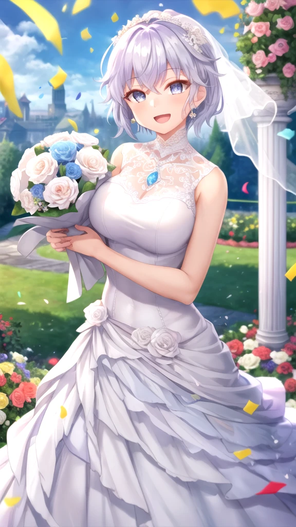 masterpiece, best quality, girl, solo, looking at viewer, lugh_tuatha_de, white hair, grey eyes, large breasts, wedding dress, standing, garden, confetti, holding bouquet, smile, open mouth,