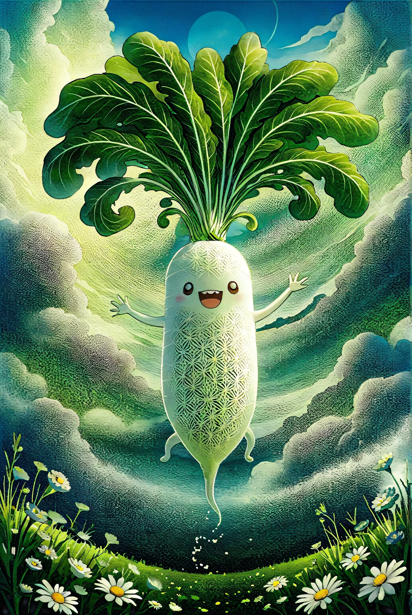 Masterpiece, best quality, intricate detailed, 
Illustration of Japanese white radish, digital art, long radish, happily spinning leaves in the air, helicopter wings made of leaves, leaves spinning to gain buoyancy, swirling clouds, sun, tranquil landscape below, flower field.