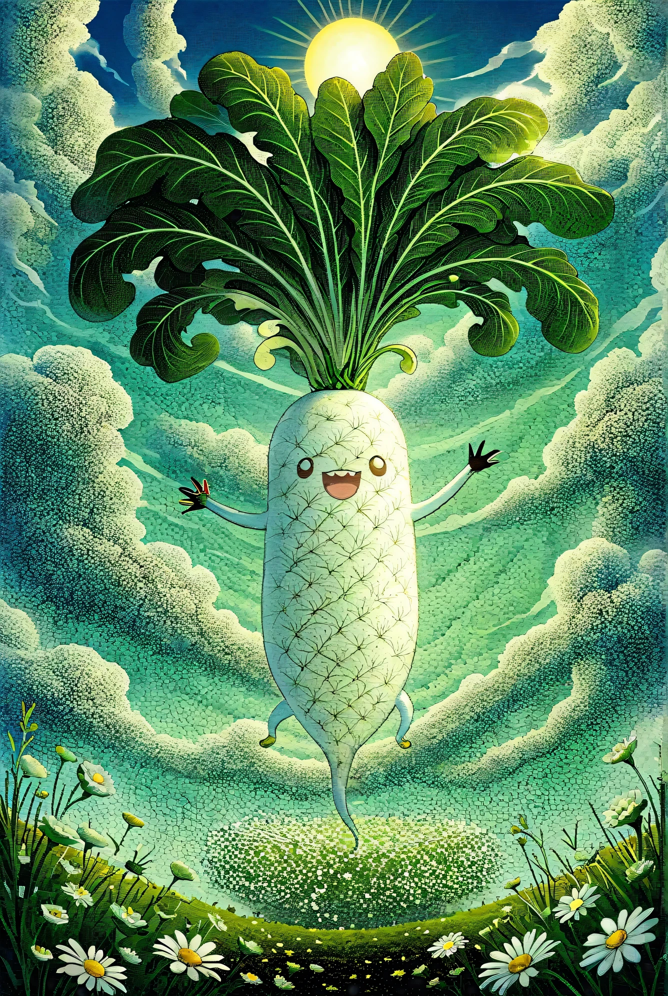 Masterpiece, best quality, intricate detailed, 
Illustration of Japanese white radish, digital art, long radish, happily spinning leaves in the air, helicopter wings made of leaves, leaves spinning to gain buoyancy, swirling clouds, sun, tranquil landscape below, flower field.