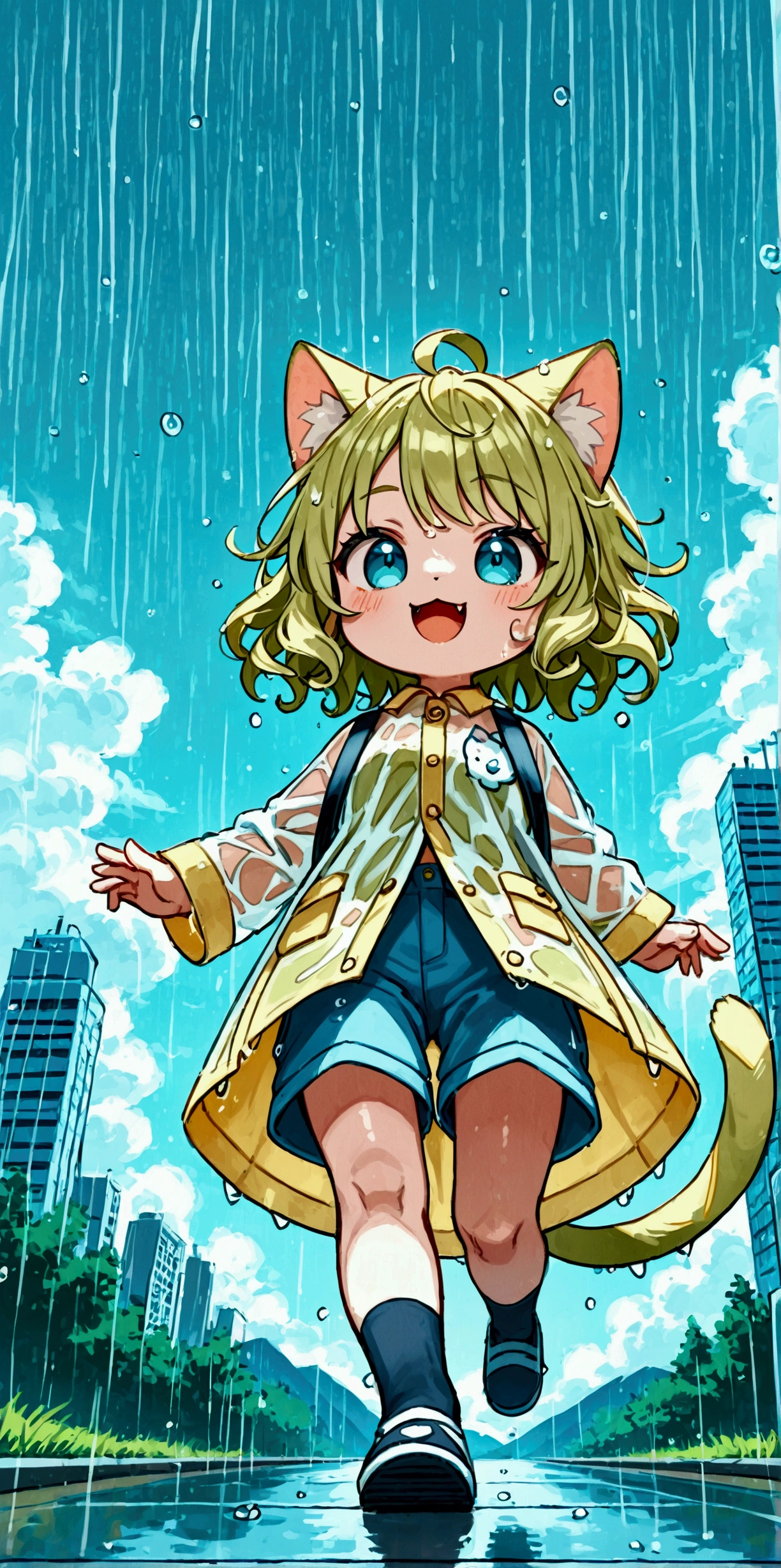 
heavy storm,wind,(heavy rain:1.5), (big raindrops:1.5), (rainy sky:1.5),(many rain ripples:1.3). 1girl/((catgirl:1.3),(furry:1.2),kemono,(chibi:1.2),cat ear,cat eye,cute, kawaii,hair floating, hair shining brightly, curly hair, short hair, messy hair, eye color cosmic, big eyes, (dynamic angle:1.4),(from below:1.4), long shot,short pants,(Walking:1.5) dynamically, (steps:1.3), skipping, (walk heavy steps:1.4),(big smile:1.3),open mouth,fangs,wet hair, wet, cute raincoat,happy,dynamic,in distance,full body,floating,looking up\) .background\(heavy rain, dark sky, beautiful waterdrops, long shot,city\),(from below:1.7),(ground level shot:1.7),(from directly below:1.7). score_9, score_8_up, score_7_up, score_6_up, score_5_up, score_4_up, source_anime,source_furry,rating_safe,rating_questionable,masterpiece, best quality, perfect anatomy , very aesthetic , absurdres,,realistic rain, high speed shutter, (fisheye lens), (focus on waterdrops), (landscape of sky:1.5), (dynamic angle:1.3),(long shot),(wide shot)