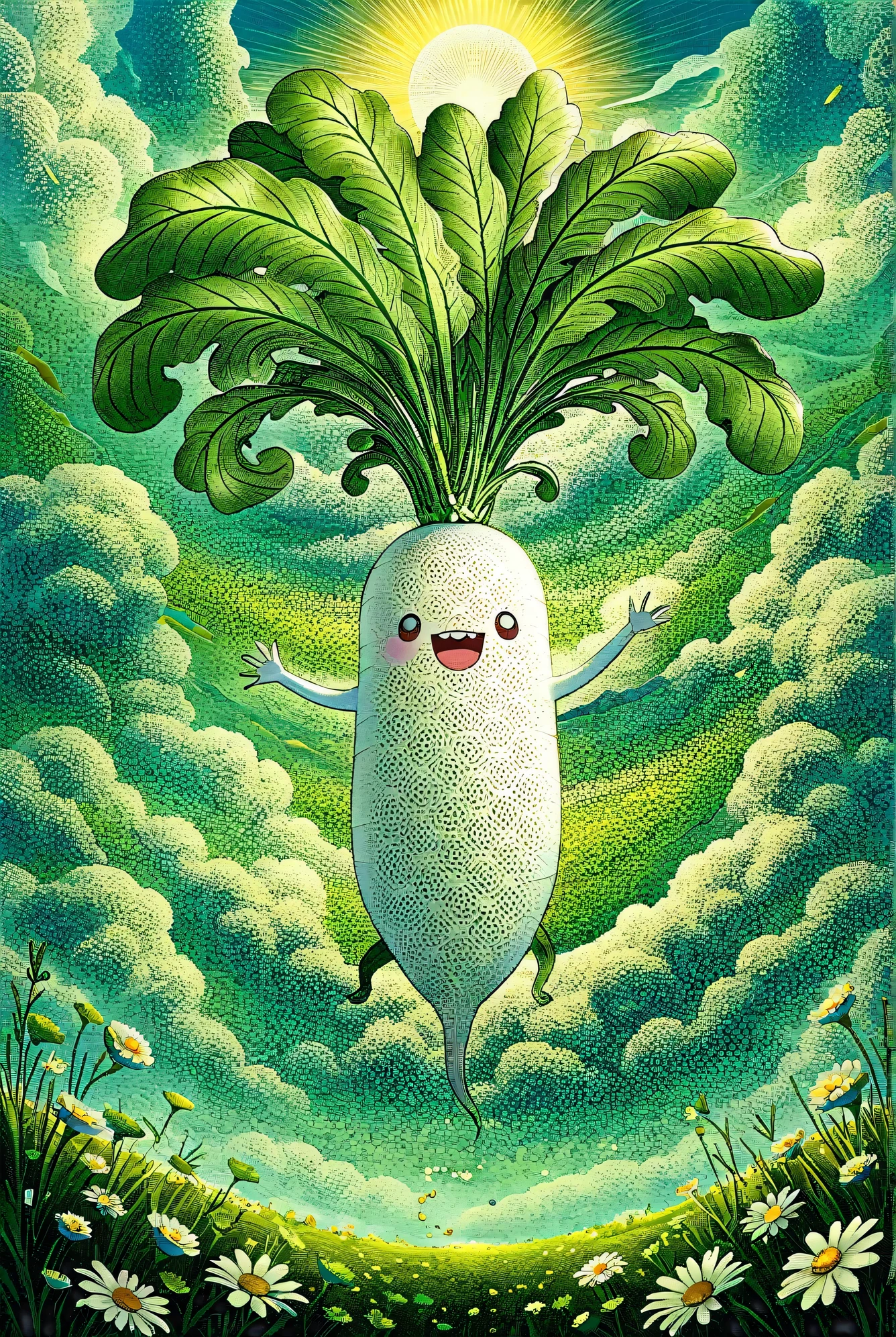 Masterpiece, best quality, intricate detailed, 
Illustration of Japanese white radish, digital art, long radish, happily spinning leaves in the air, helicopter wings made of leaves, leaves spinning to gain buoyancy, swirling clouds, sun, tranquil landscape below, flower field.