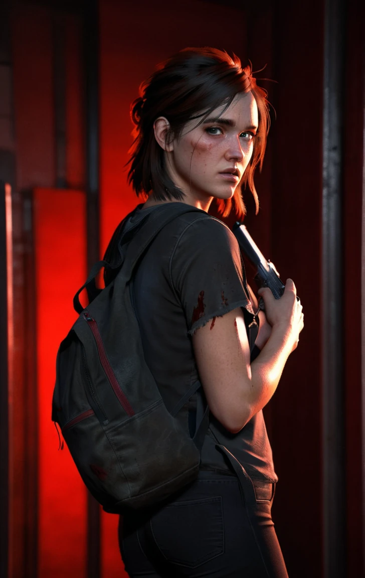 photo of ohxw, ellie, tattoo on left arm, woman, black jeans, close up, , medium length hair, face details, low key lighting, blood on her face.. In a dark closed building with red light. A backpack on her back. A pistol in her hand. Very close up photo. Sexy face. Portrait. No windows. Detailed face.
