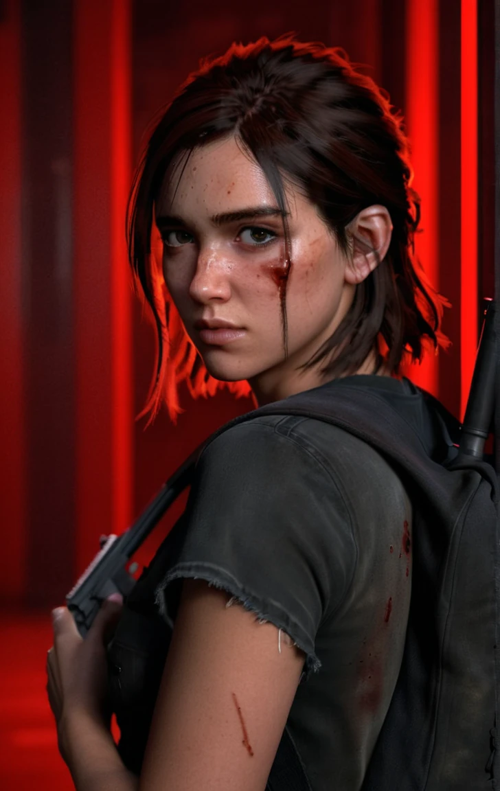 photo of ohxw, ellie, tattoo on left arm, woman, black jeans, close up, , medium length hair, face details, low key lighting, blood on her face.. In a dark closed building with red light. A backpack on her back. A pistol in her hand. Very close up photo. Sexy face. Portrait. No windows. Detailed face.
