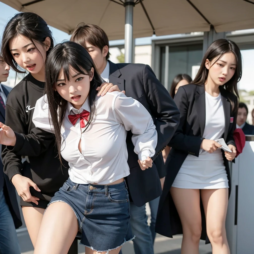 8K，best qualtiy，tmasterpiece，(a group of boys and a girl，a group of boys hugged the girl from behind:1.5)，(A charming girl，the only girl，spread her legs，Hands on the back of head，Held from behind by two boys)，friedly smile，(random hair style，Random hair color，Brightly colored hair，with long coiled hair，Asymmetrical hairstyle，Complex hair color，Complex hairstyles，double bun)，(Superskirt，Crotch bulge，Camel toes)