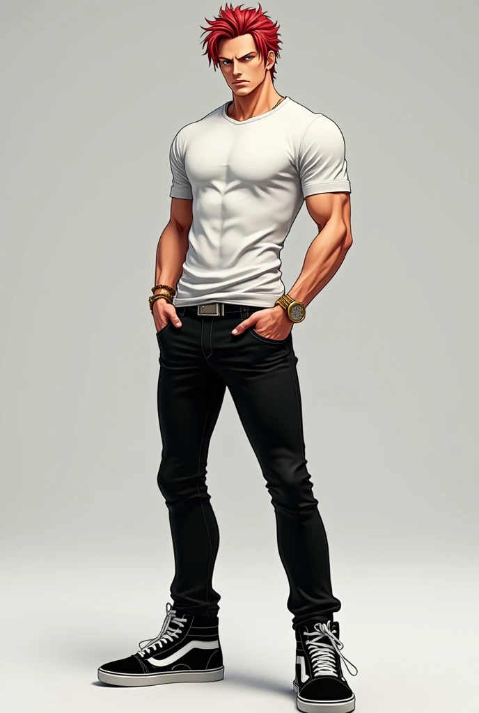 O personagem shanks de one piece com essa Roupa: A social white t-shirt, adjusted to the body,   a pair of black jeans , And a black sneakers ,  a model like vans and sneakers,  and a gold watch on the wrist 