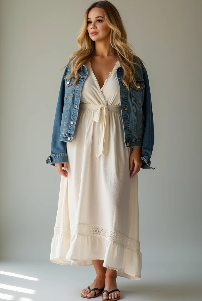 A beautiful woman walking in the desert with a long navy blue crop dress and long hair white cardigan