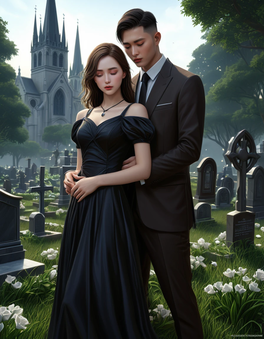 ( 3D girl with blue eyes ,  brown long hair ,  in black modern fashionable long beautiful funeral dress leaning over the grave cries, tears running down my cheeks,)))  hugs ((Korean man with brown eyes and brown short hair)), in a black formal suit and a black silk shirt,  in the foreground is a large castle with a cemetery,  ecological gothic scene ,  3D rendering and oil painting , photorealistic dark concept art ,  highly realistic concept art,  3d matte painting rendering , gothic church background ,  highly detailed matte painting ,  cathedral background ,  game art matte painting ,  oil painting in high detail, hyperdetailed 3D matt painting , computer game scene ,wlop and andrei riabovitchev , charlie bowater и artgeem,  Edmund Blair and Charlie Bowter  , seductive cyberpunk dark fantasy,  High resolution commission , style of charlie bowater, Чарли Боуотер и Том Бэгшоу  realistic image , masterpiece,  artwork,  hyperrealistic , rendering ,  realistic physical rendering , hyper  realistic illustration,  realistic illustration, photorealistic detail  , hypper  realistic illustration, extreme realistic detail, photorealistic detail  ed picture, with unreal engine render concept art , ), Ultra-подробно and beautiful face,(  Gentle facial expression  :1.1), translucent white skin ,( realistic skin texture:1.1), , Bold design  , art design  ,красивый and подробно pattern,  detailed fabric texture , ((1 man, 1 girl)) ( romantic sensual scene for a novel  :1.1) ((подробно backgroun профессиональная величественная масляная  realistic image , masterpiece,  artwork,  hyperrealistic , rendering ,  realistic physical rendering ,  photorealistic rendering ,  highly detailed ,  high-quality render ,  architectural rendering ,  very realistic 3D render ,  realistic image ,